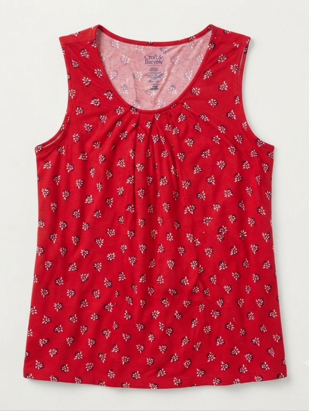 Croft & Barrow Women's Red Floral Tank Top Size S Sleeveless Pleated Neck Blouse